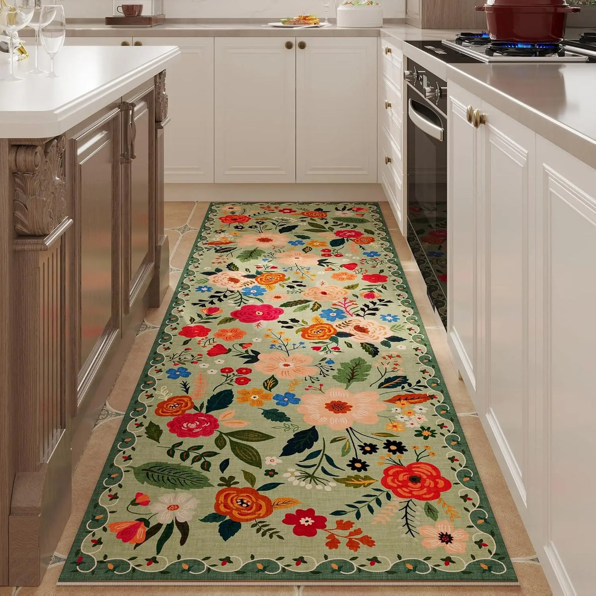 Non-Slip Hallway Runner Rug with Floral Pattern Machine Washable Kitchen Floor Mat Rubber Backing for Entryway Home Indoor Decor | Lonoma
