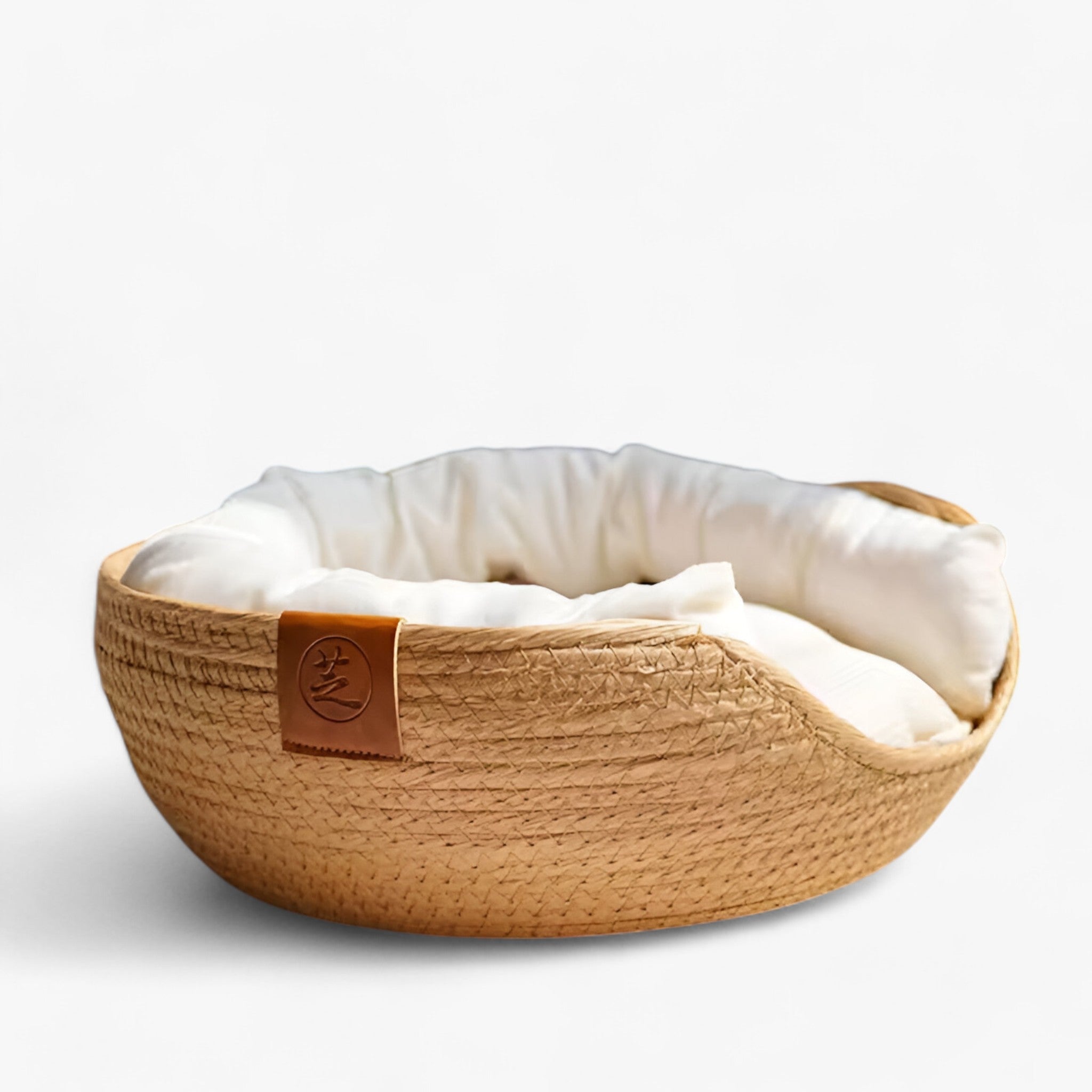 Cat Bed Basket Woven Bamboo Natural Round Cushion Small Dog Puppy Pet Nest Breathable Handmade Raised Edge | Koossa