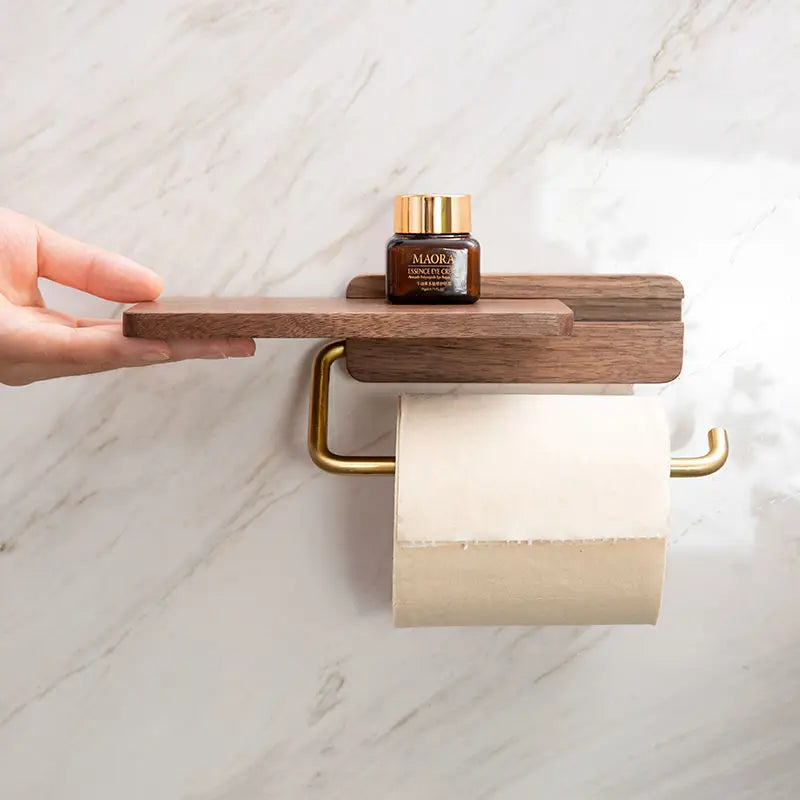 Wall Mount Toilet Paper Holder with Top Shelf, Dark Brown Walnut Wood Tissue Dispenser for Bathroom, Powder Room & Guest Bath | Lonoma