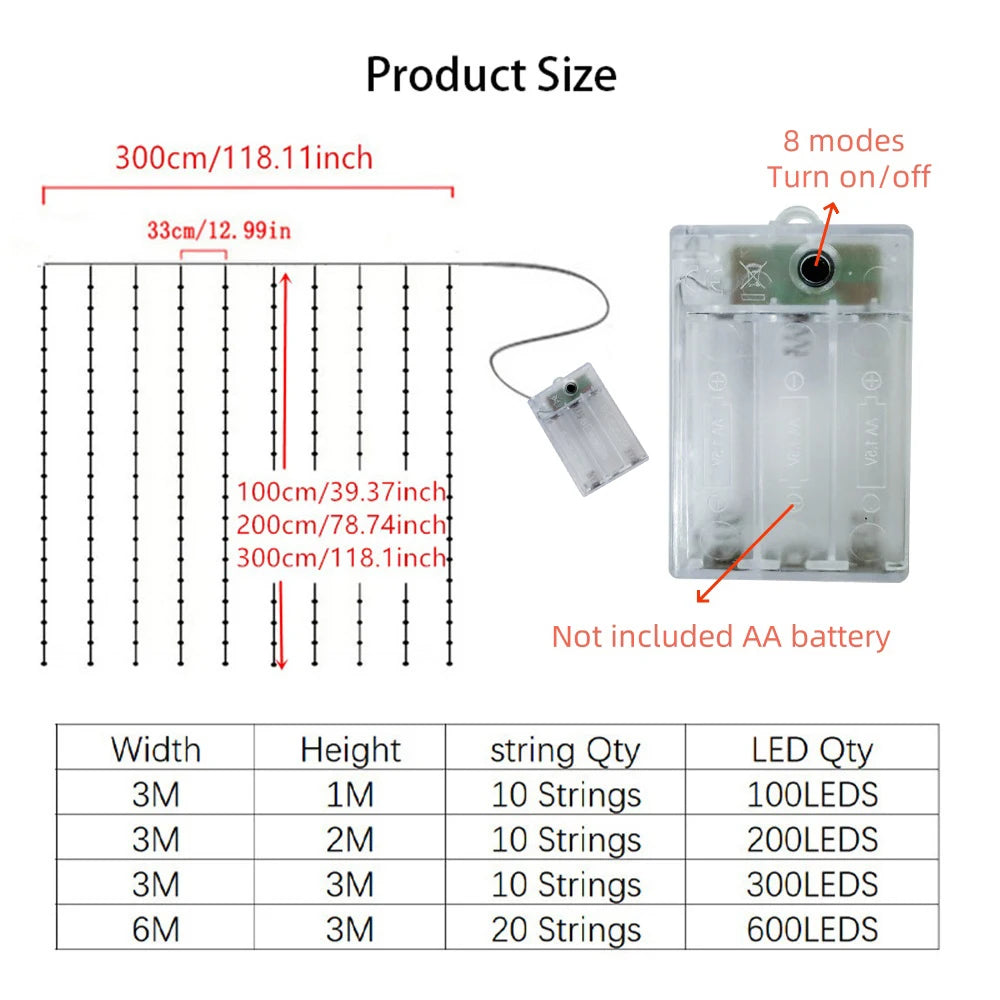 Battery Powered LED Curtain String Lights 8 Modes Hanging Fairy Lights for Bedroom Wedding Holiday Indoor Decor | Lonoma