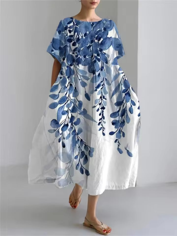 Women's Floral Midi Dress with Relaxed Silhouette and Round Neckline for Effortless Elegance | Koossa