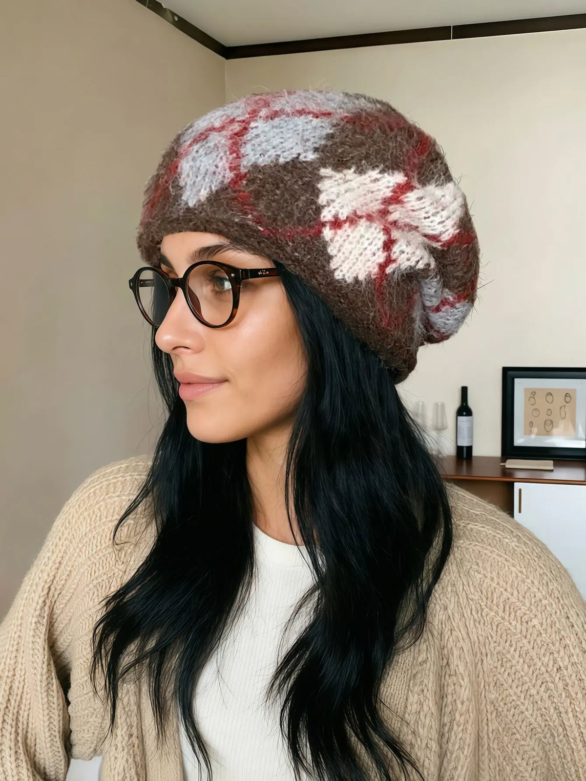 1PC 2026 Herfst-Winter Nieuwe Stijl Veelzijdige Casual Gebreide Muts met Oorkappen, Retro Anti-Kou Diamant Ruit Garen Muts