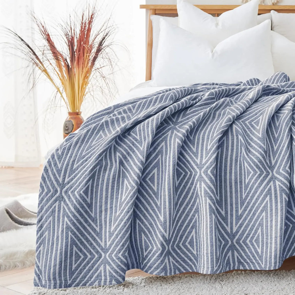 Cotton Throw Blanket Triple Layer Reversible Geometric Pattern for Couch Bed Sofa All Season Lightweight Breathable Boho Decorative Quilt | Lonoma