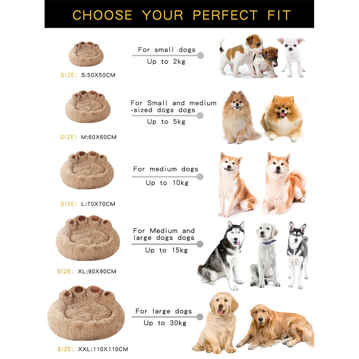 Dog Bed Round Plush Fluffy Paw Print 50-110cm Calming Donut Cushion Anti-Slip Base Winter Warm Cat Puppy Basket Washable Pet Mat | Koossa