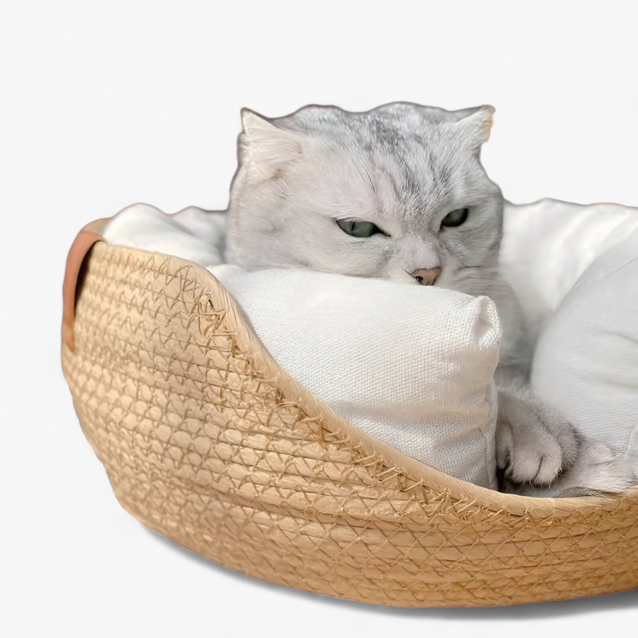 Cat Bed Basket Woven Bamboo Natural Round Cushion Small Dog Puppy Pet Nest Breathable Handmade Raised Edge | Koossa