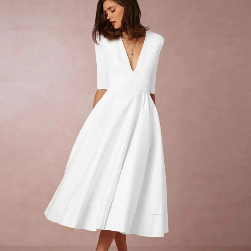 Women's V-Neck Midi Dress with Three-Quarter Sleeves — Elegant Occasion Dress for Events & Dinners | Koossa