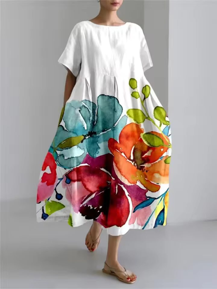 Women's Floral Midi Dress with Relaxed Silhouette and Round Neckline for Effortless Elegance | Koossa