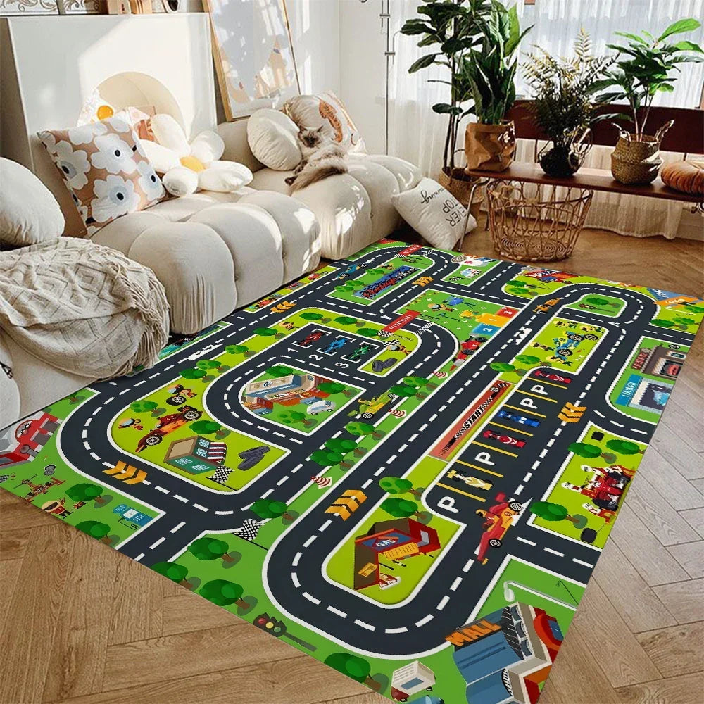 Kids Road Map Play Rug, Soft Flannel Non-Slip Washable Area Rug for Toy Cars, Playroom, Nursery, Bedroom, Toddler Floor Mat | Lonoma