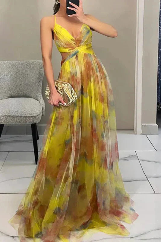Watercolour Floral Maxi Dress with Pleated Skirt | Cross-Wrap Bodice | Adjustable Straps | Women's Full-Length Occasion Dress | Koossa