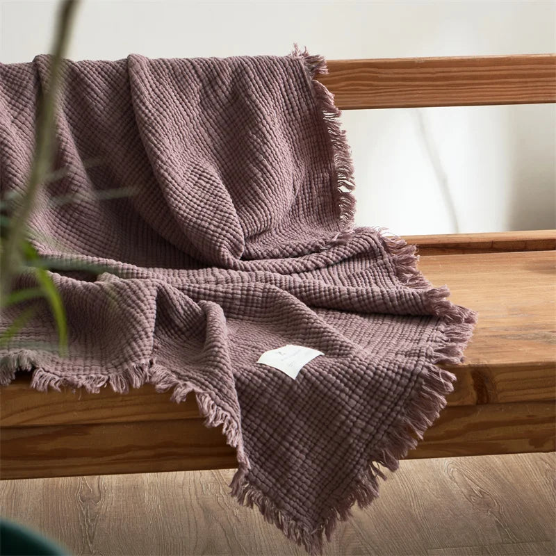 Cotton Gauze Throw Blanket with Tassels 4-Layer Breathable Lightweight for Couch Bed Sofa Decorative All-Season Use | Lonoma
