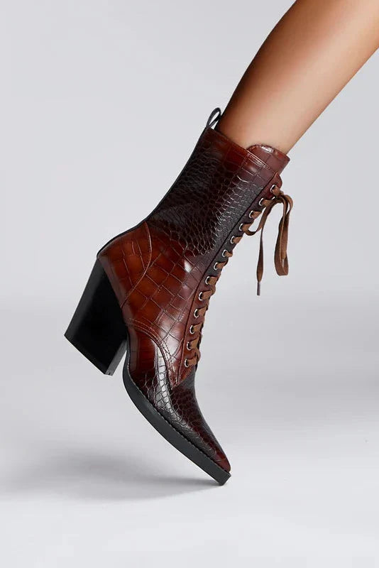 Croc-Effect Pointed Block Heel Lace-Up Ankle Boots in Brown and Black | Koossa