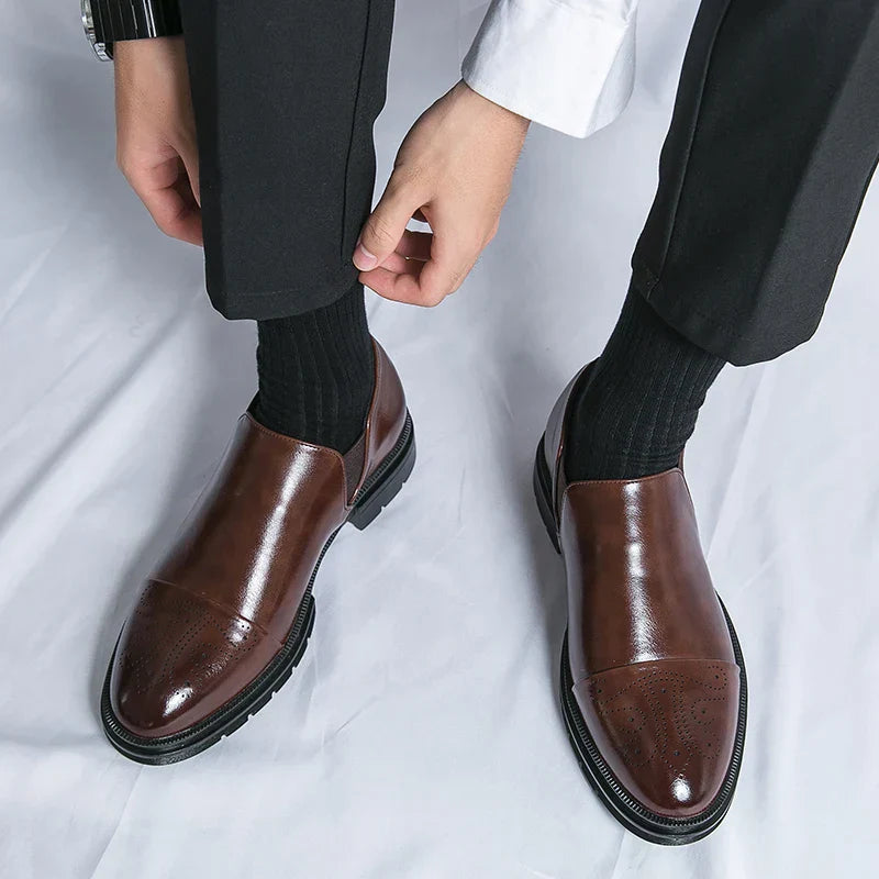 Men's Leather Slip-On Brogues with Cap Toe Detail in Black and Brown | Classic Formal Footwear for Business and Evening Occasions | Elegant Dress Shoes with Elastic Gusset | Koossa