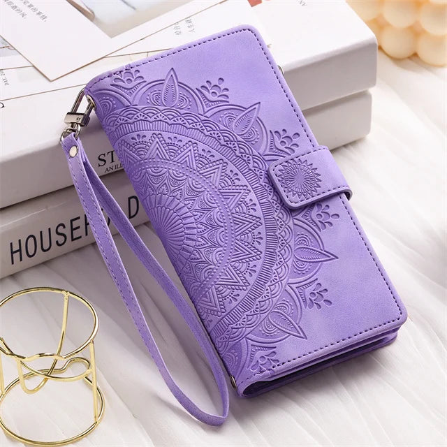 Embossed Leather Wallet Case with Card Slots for Galaxy S26 S25 S24 S23 S22 S21 S20 Note 20 10 9 Magnetic Flip Cover | Lonoma