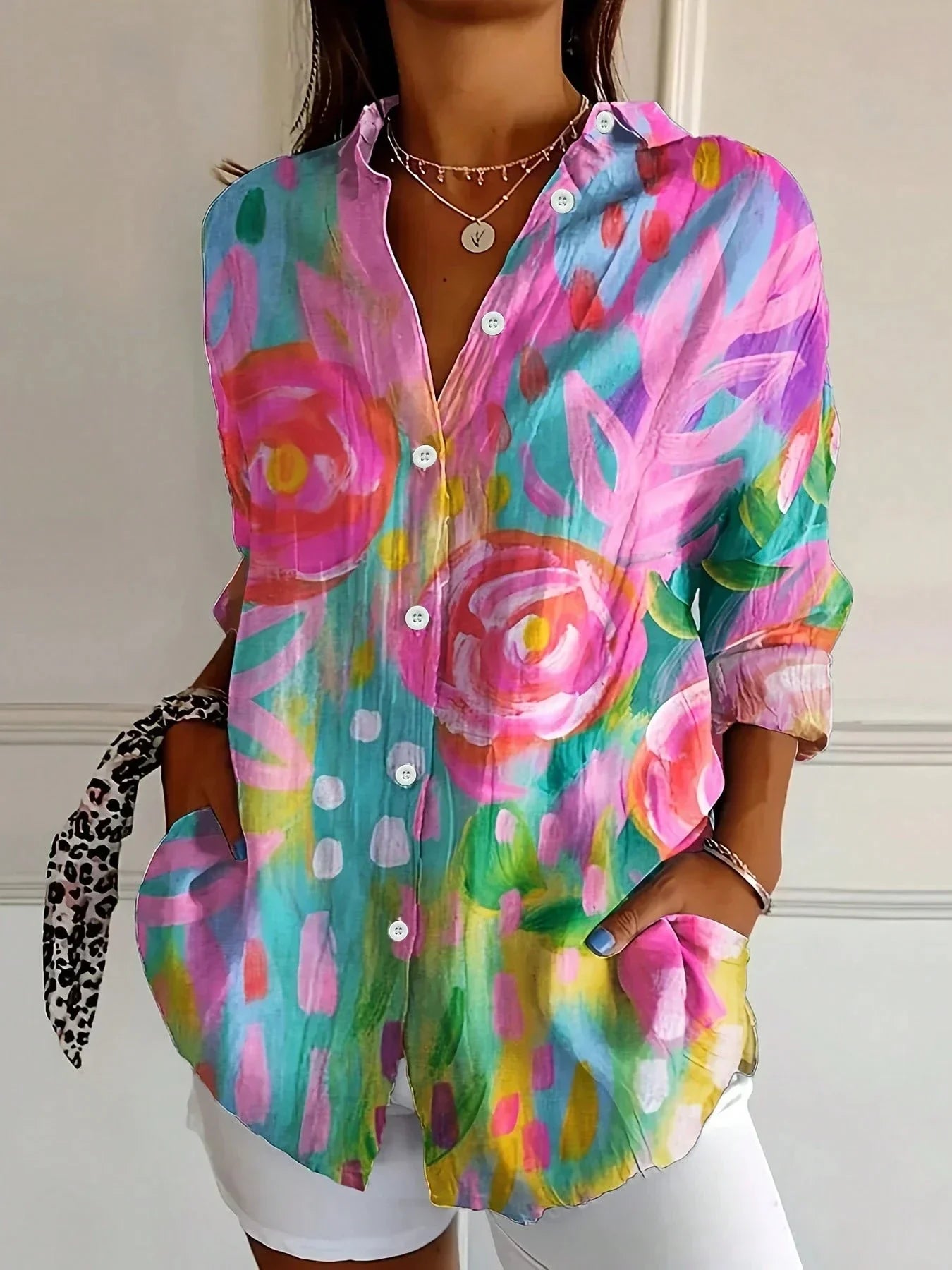 Women's Floral Button-Front Blouse in Vibrant Summer Prints | Loose Fit Cotton Shirt with Short Sleeves | Koossa
