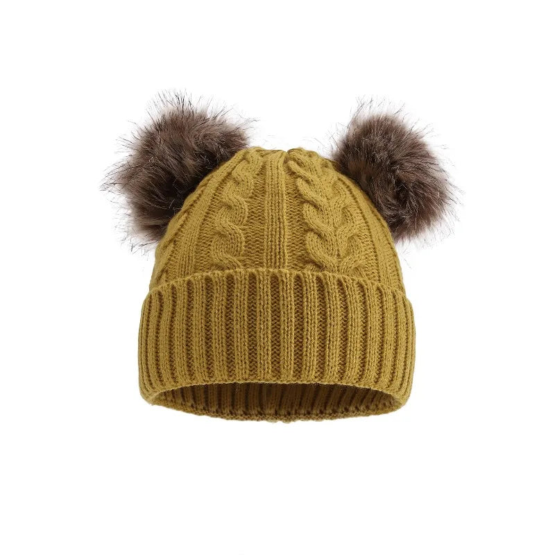 Women's Beanie Hat with Dual Faux Fur Pom-Poms – Chunky Cable Knit Winter Cap with Cuffed Design for Cold Weather | Lonoma