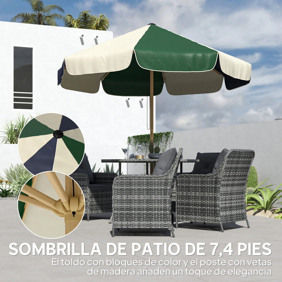 7.5 ft Patio Umbrella with Pulley System, Two-Tone Dark Green & Cream Canopy, UPF 30+ Sun Shade for Deck Balcony Pool Garden | Lonoma