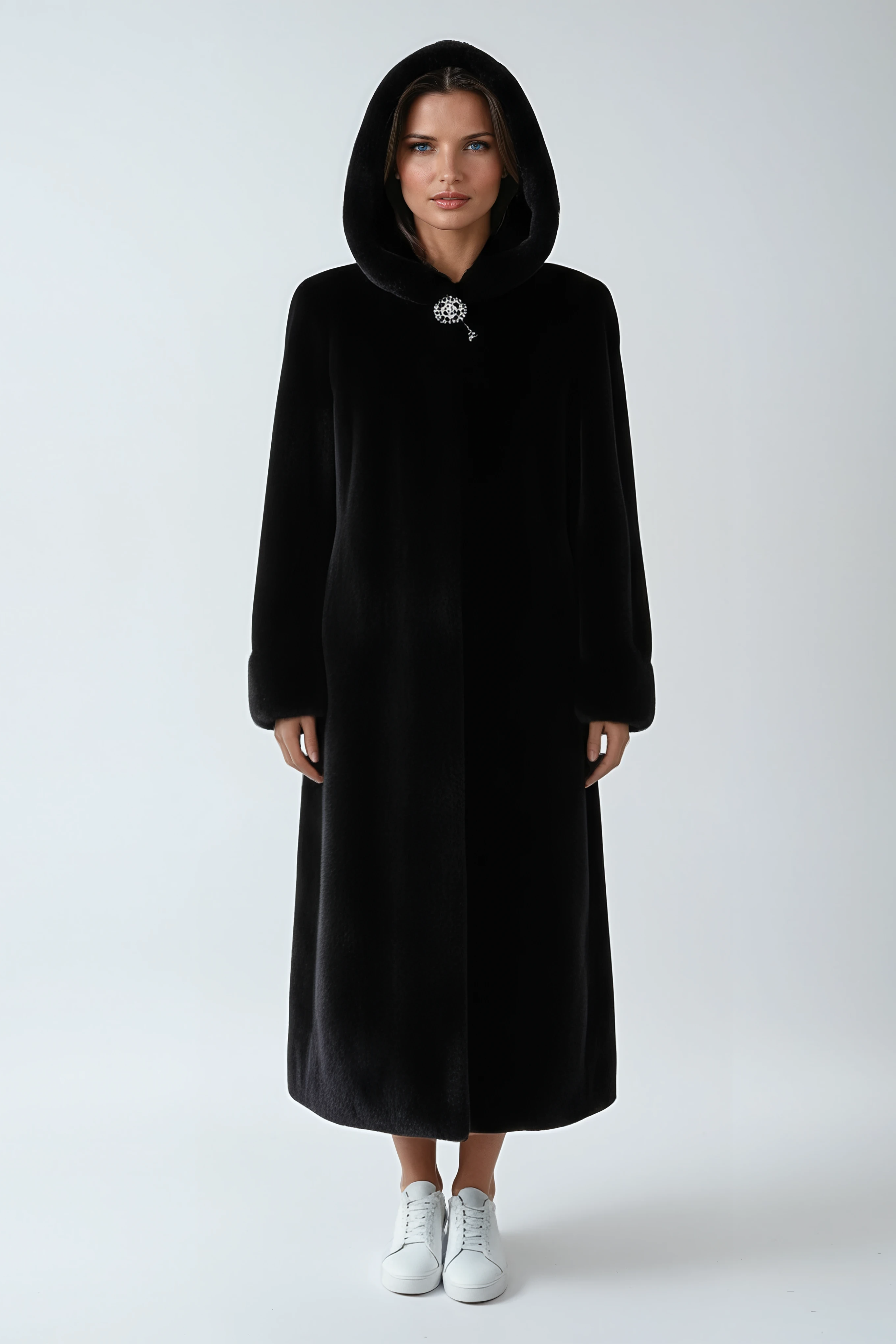 Women's Hooded Faux Fur Coat in Black — Elegant Long Outerwear for Winter | Koossa
