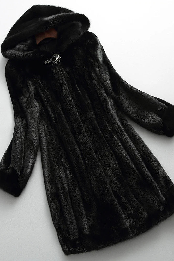 Women's Hooded Faux Fur Coat in Black — Elegant Long Outerwear for Winter | Koossa