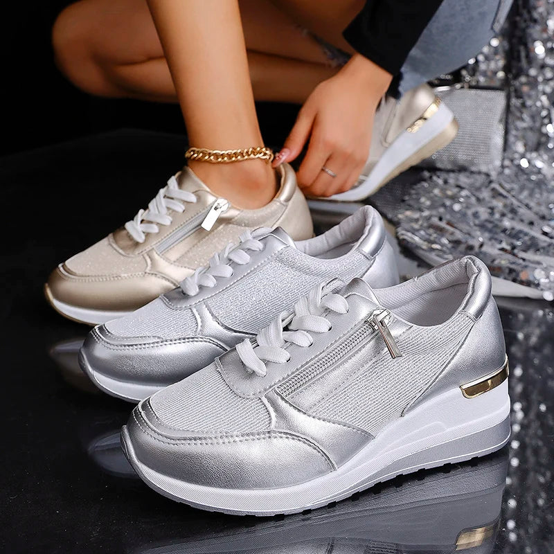 Women's Wedge Trainers with Side Zip in Metallic Finish for Smart Casual Wear | Koossa