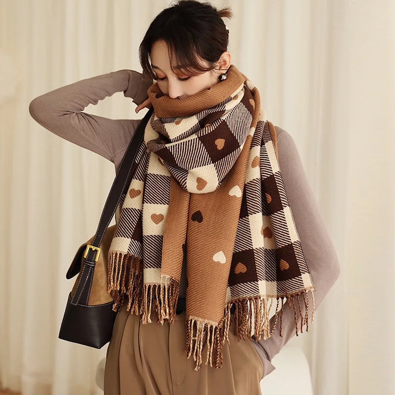 Oversized Plaid Blanket Scarf for Women – Thick Knit Winter Wrap Shawl with Heart Design for Cold Weather | Lonoma