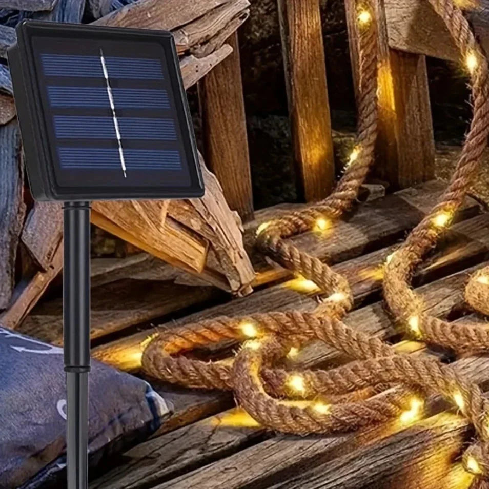 Guirlande lumineuse solaire décorative en corde de chanvre 5 m 100 LED blanc chaud pour jardin terrasse balcon | Koossa