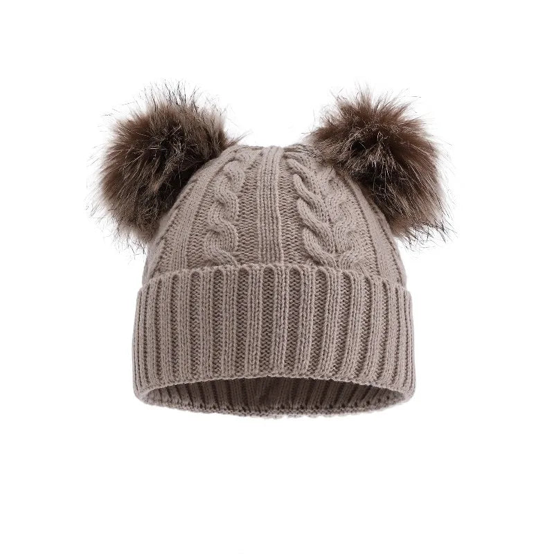 Women's Beanie Hat with Dual Faux Fur Pom-Poms – Chunky Cable Knit Winter Cap with Cuffed Design for Cold Weather | Lonoma