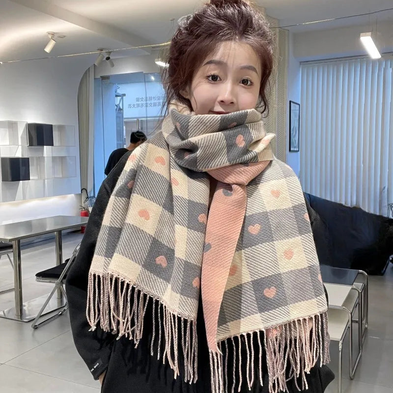 Oversized Plaid Blanket Scarf for Women – Thick Knit Winter Wrap Shawl with Heart Design for Cold Weather | Lonoma