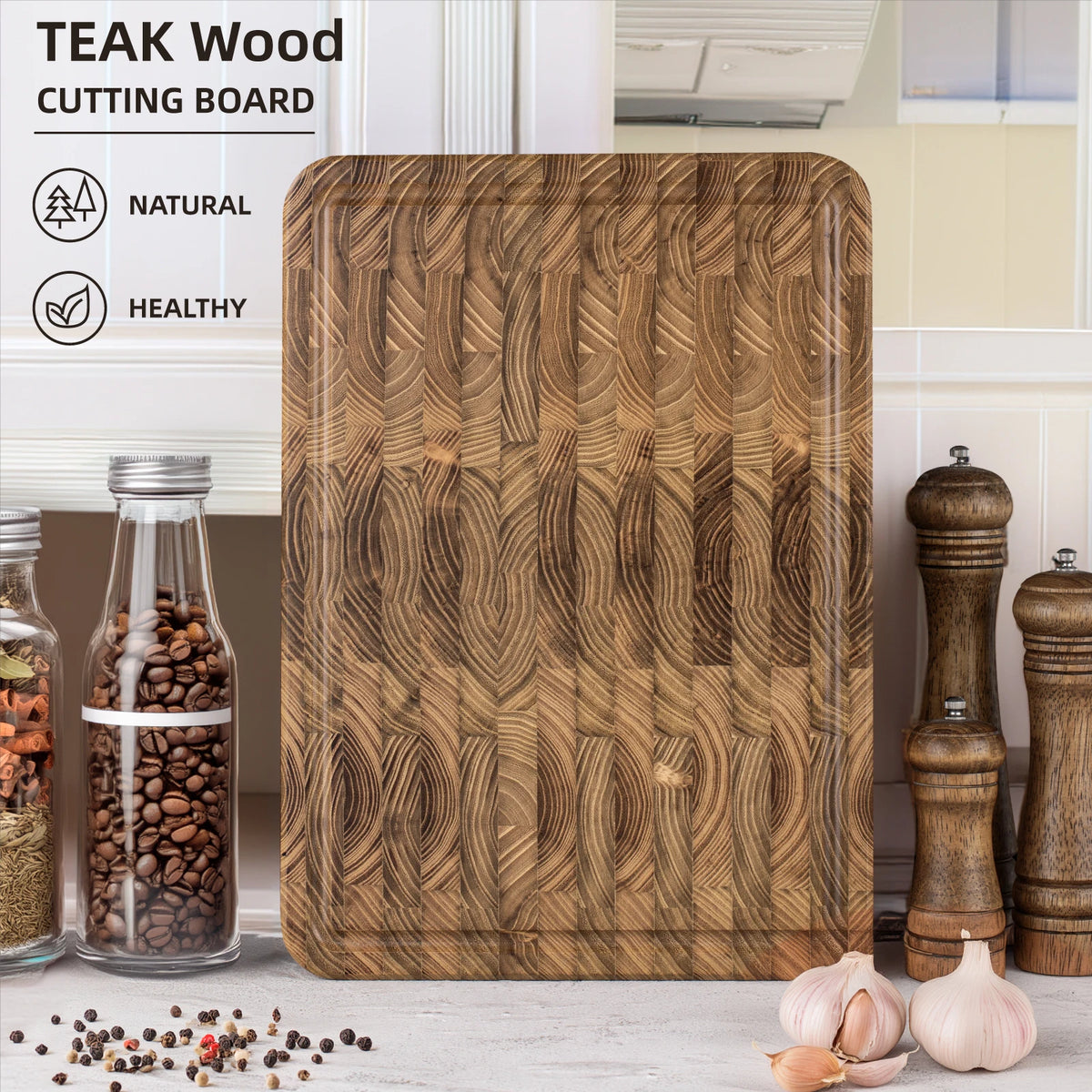 Eindkorrelige teakhouten snijplank voor keuken, duurzaam hout met sapgroeven, vooraf geolied, gemakkelijke handgrepen