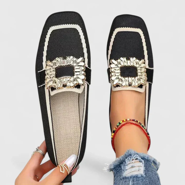 Square-Toe Slip-On Flats with Jewel Embellishment in Beige, Black, Brown, Blue & Orange – Elegant Everyday Footwear for Spring & Summer | Koossa