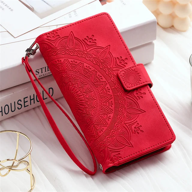 Embossed Leather Wallet Case with Card Slots for Galaxy S26 S25 S24 S23 S22 S21 S20 Note 20 10 9 Magnetic Flip Cover | Lonoma