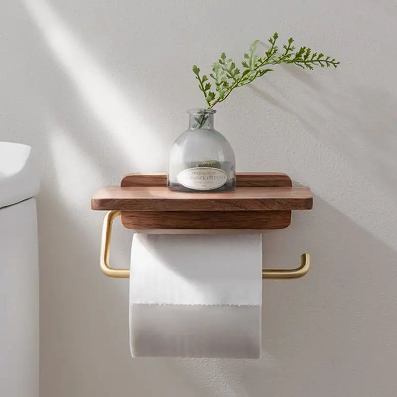 Wall Mount Toilet Paper Holder with Top Shelf, Dark Brown Walnut Wood Tissue Dispenser for Bathroom, Powder Room & Guest Bath | Lonoma