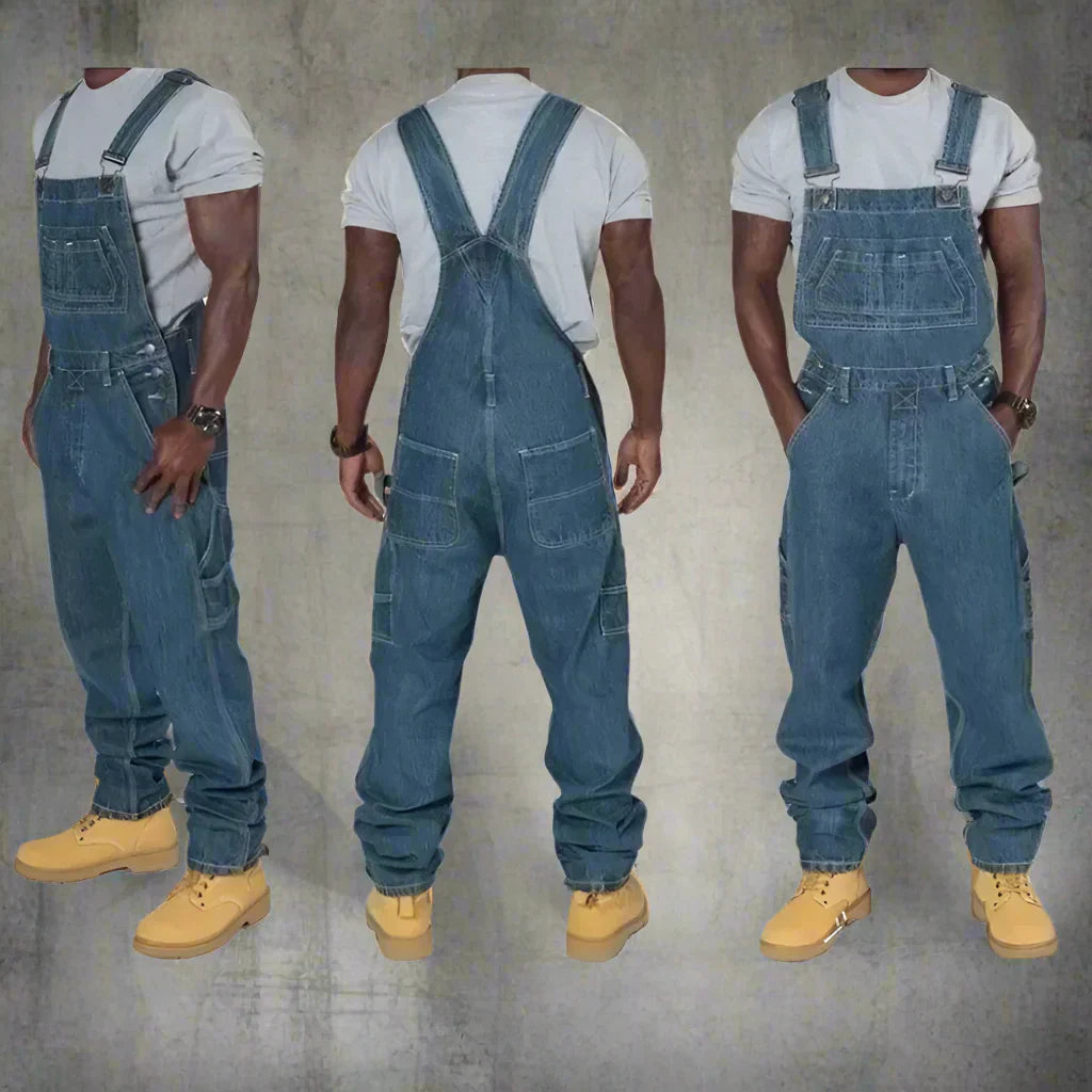 Men's Blue Straight Leg Denim Dungarees — Relaxed Utility Style for Casual Everyday Wear & Streetwear | Koossa