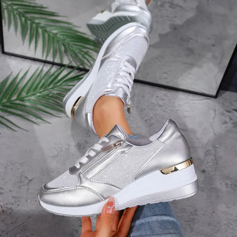 Women's Wedge Trainers with Side Zip in Metallic Finish for Smart Casual Wear | Koossa