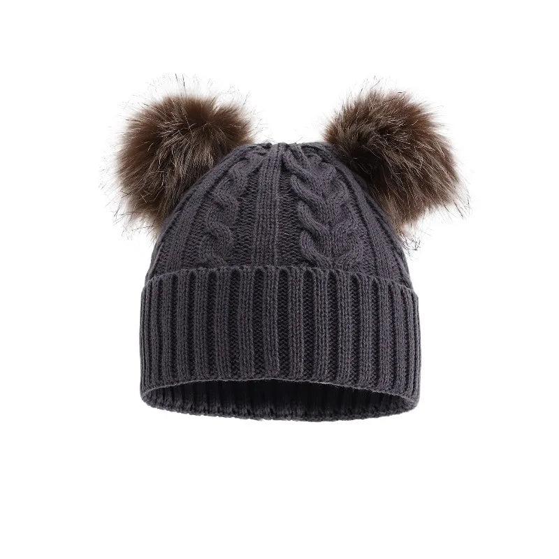 Women's Beanie Hat with Dual Faux Fur Pom-Poms – Chunky Cable Knit Winter Cap with Cuffed Design for Cold Weather | Lonoma