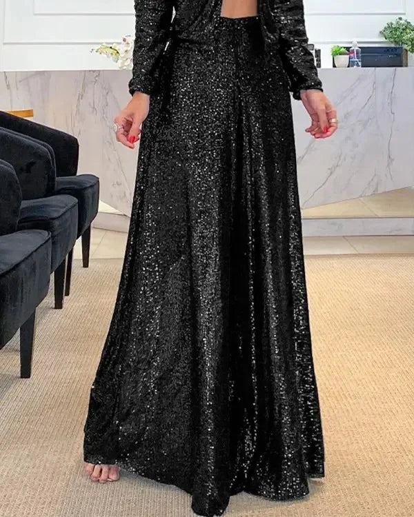 Women's Wide Leg Sequin Trousers — Elegant Party Trousers for Festive Evening Celebrations & Special Occasions | Koossa