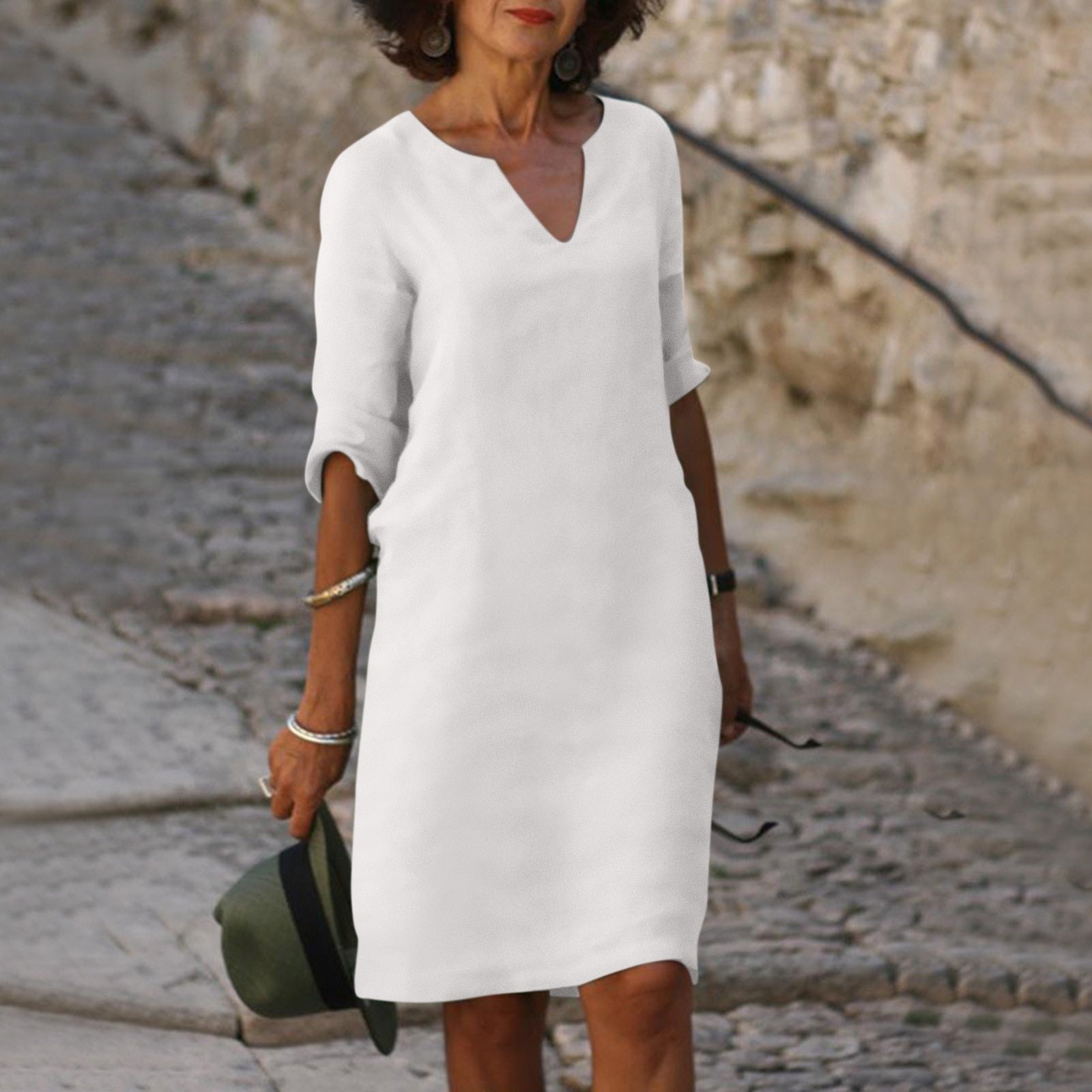 Women's V-Neck Midi Summer Dress — Elegant Everyday Dress with Short Sleeves for Warm Weather & Casual Occasions | Koossa
