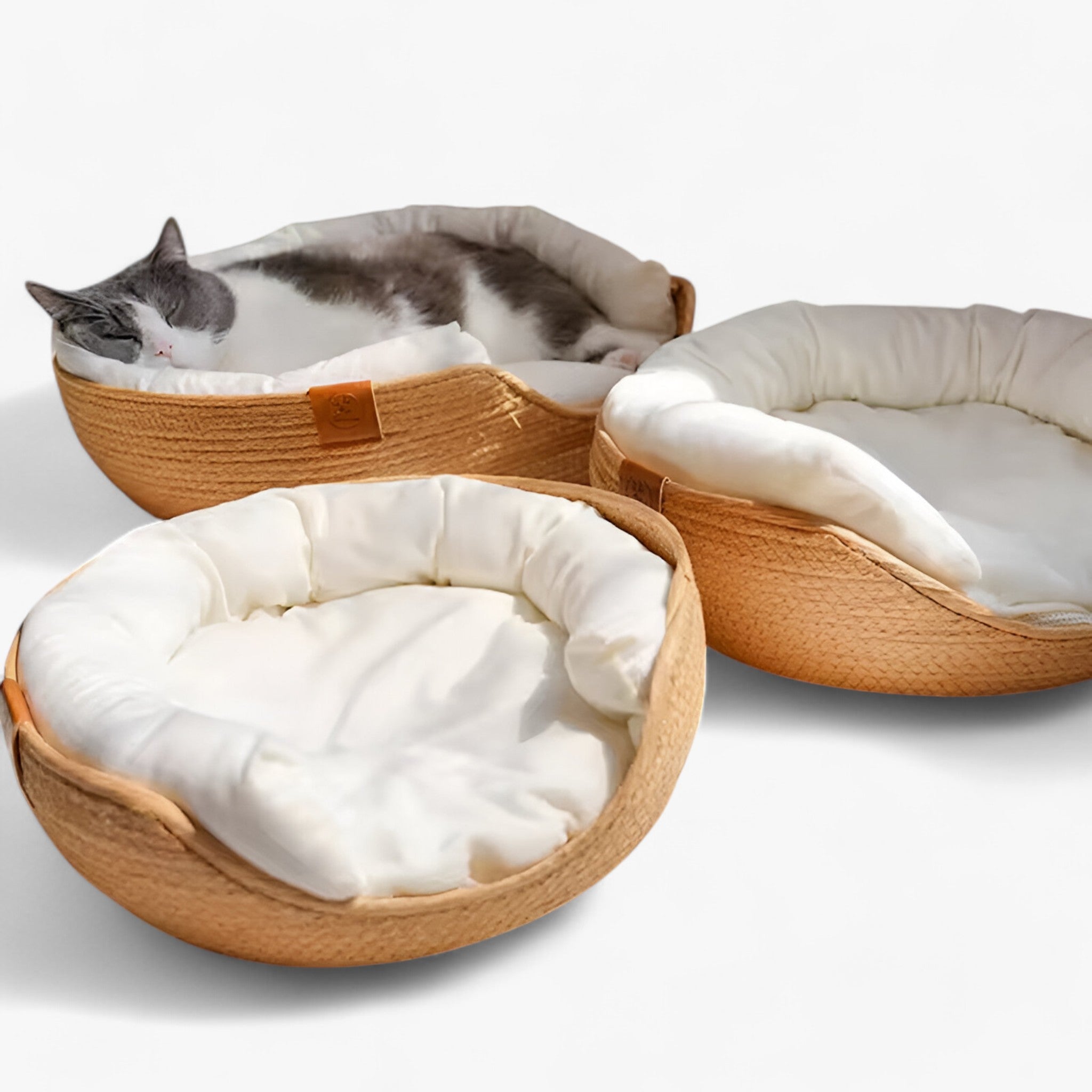 Cat Bed Basket Woven Bamboo Natural Round Cushion Small Dog Puppy Pet Nest Breathable Handmade Raised Edge | Koossa