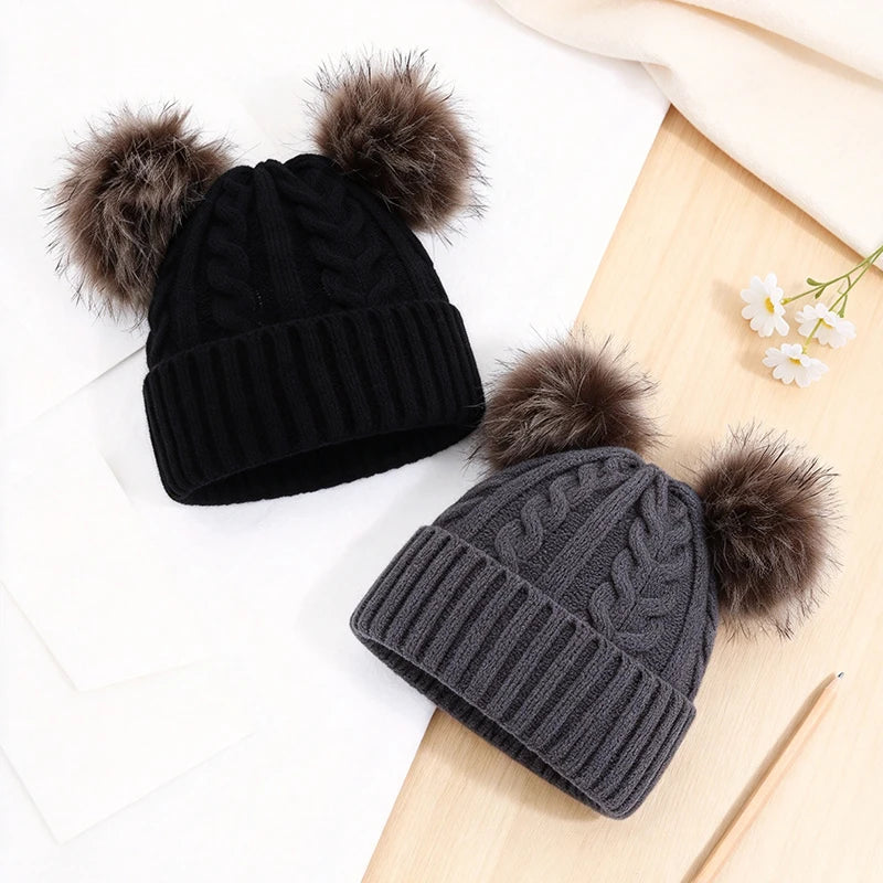 Women's Beanie Hat with Dual Faux Fur Pom-Poms – Chunky Cable Knit Winter Cap with Cuffed Design for Cold Weather | Lonoma