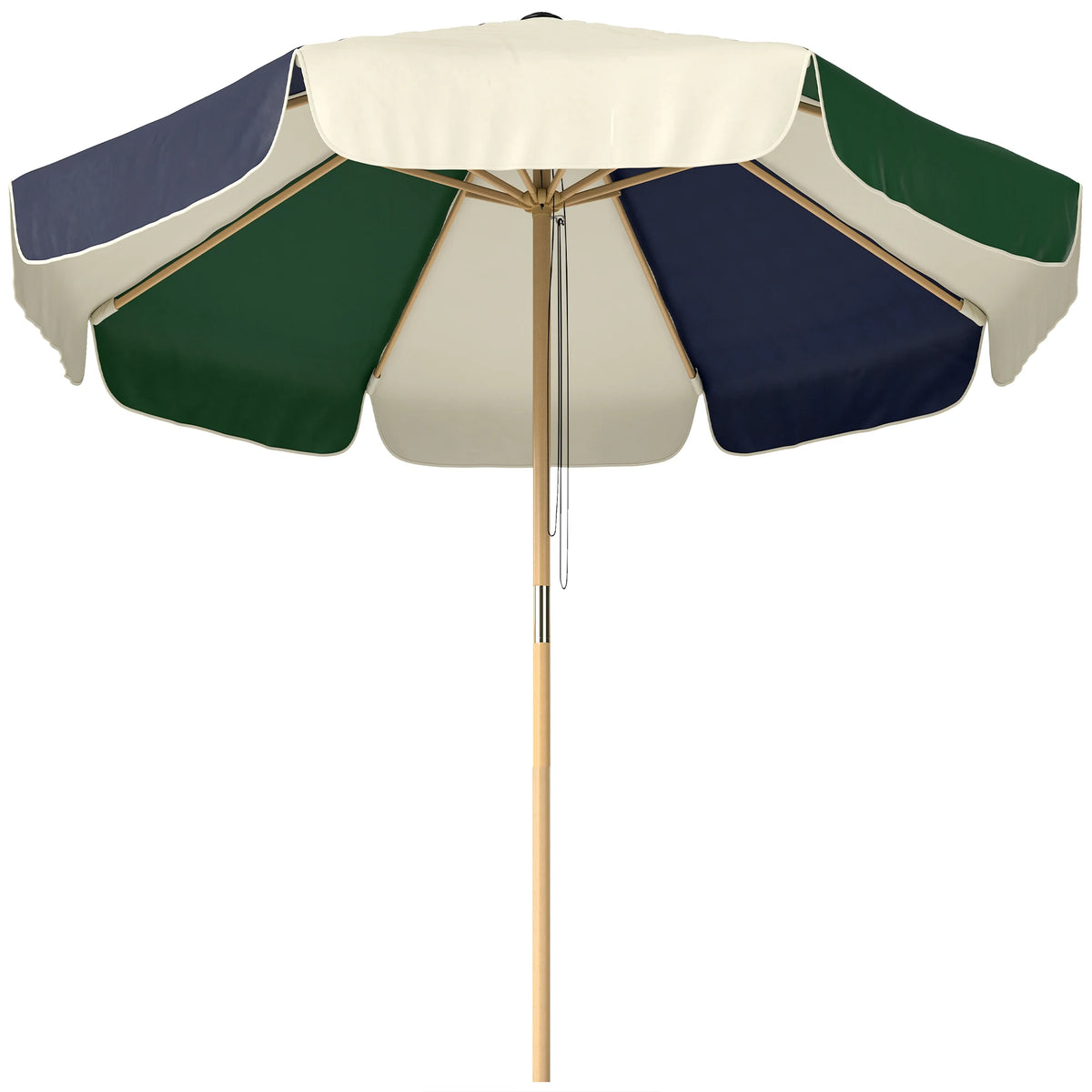 Balkon parasol - Outsunny Buitenterrasparasol, Ø2,3 M, Tuinparasol met houteffect frame, Katrol met touw, Tweekleurige kap, Upf30+, Parasol voor strand, terras, patio, donkergroen