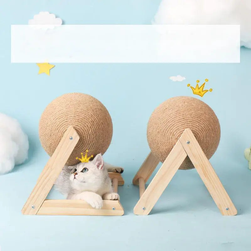 Cat Scratching Ball Sisal Rope Wood Stand 12cm or 16cm Rotating Sphere Triangle Base Indoor Claw Grinding Toy Natural Material | Koossa