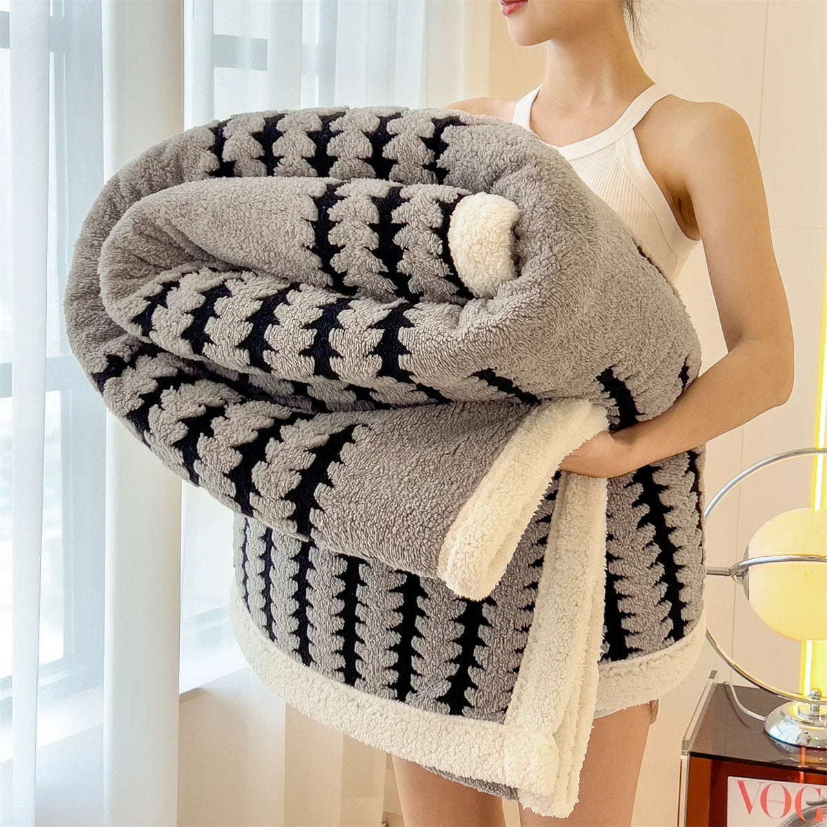 Geometric Striped Fleece Throw Blanket Reversible Sherpa Ultra Plush Cozy Winter Soft Warm 100% Polyester for Bed Couch Living Room Bedroom | Lonoma