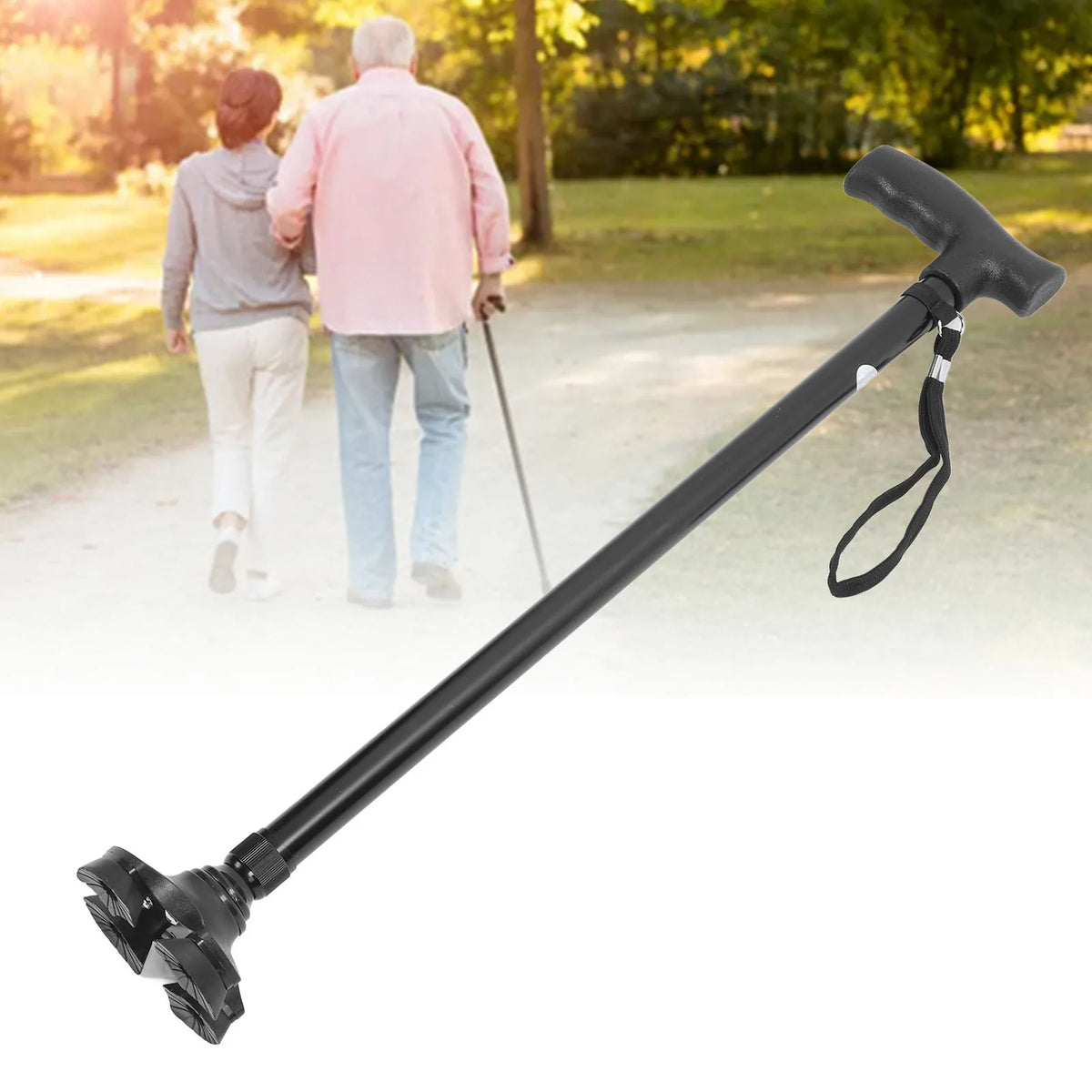 Quad Base Walking Cane with 10 Height Adjustments, Non-Slip Rubber Tip, Foldable Lightweight Aluminum Support Aid for Seniors, Stability Cane | Lonoma