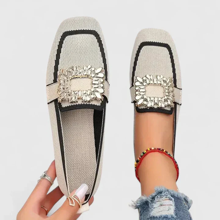 Square-Toe Slip-On Flats with Jewel Embellishment in Beige, Black, Brown, Blue & Orange – Elegant Everyday Footwear for Spring & Summer | Koossa