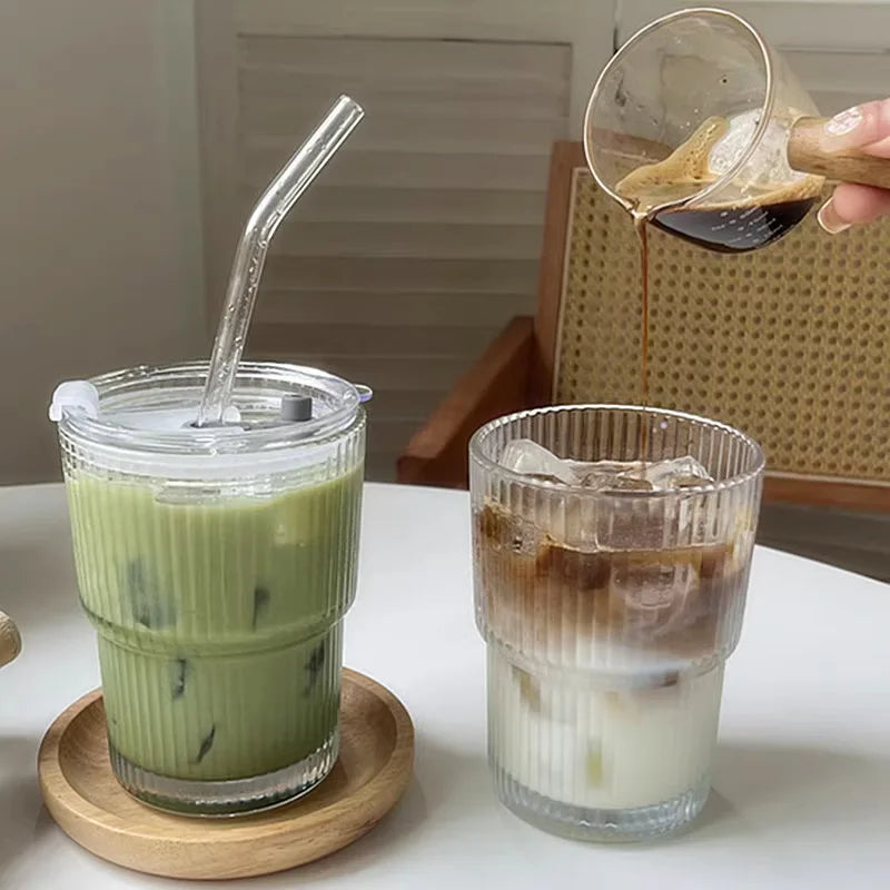 Gobelet isotherme côtelé en verre borosilicate double paroi avec paille réutilisable pour café thé nomade | Koossa