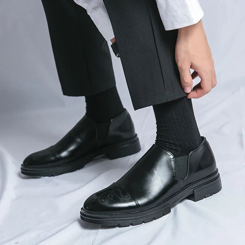 Men's Leather Slip-On Brogues with Cap Toe Detail in Black and Brown | Classic Formal Footwear for Business and Evening Occasions | Elegant Dress Shoes with Elastic Gusset | Koossa