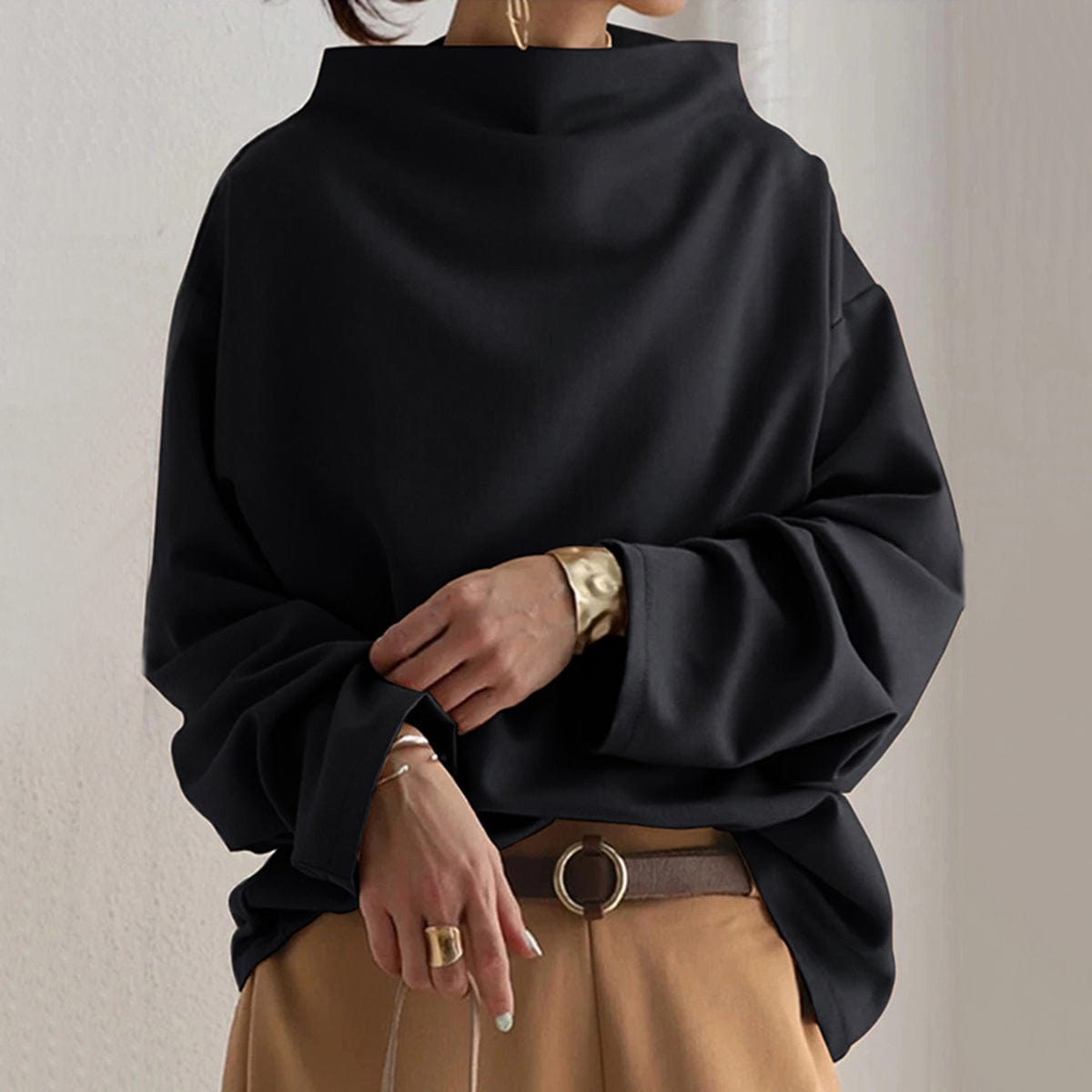 Women's High-Neck Long Sleeve Top in Soft Jersey | Classic Layering Essential for Smart-Casual Everyday Elegance | Koossa