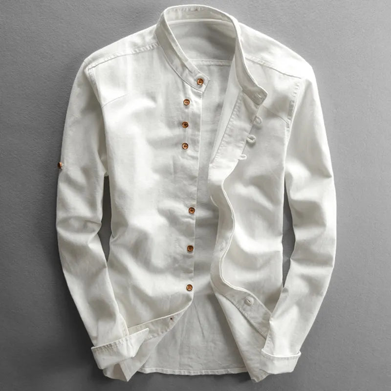 Japanese-Inspired Men's Button-Down Shirt – Linen Cotton Blend Long Sleeve Casual Dress Shirt for Office Work Vacation Travel | Lonoma