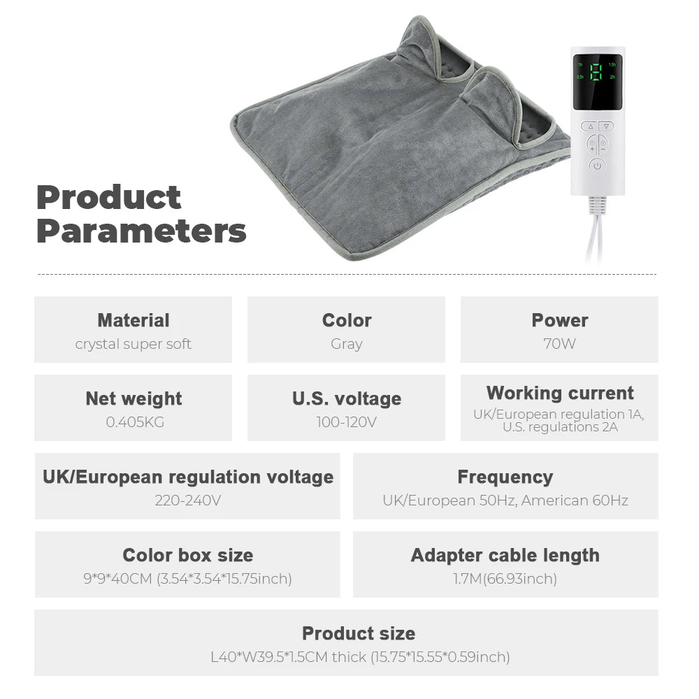 Electric Heating Pad 70W Gray 15.75 × 15.75 in 9-Speed Adjustable Warmth Timer Washable Portable for Hands Feet Home Office Couch Winter | Lonoma