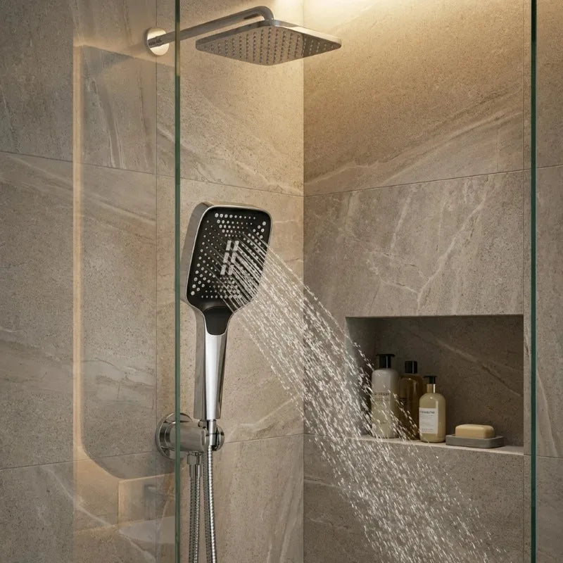 Handheld Shower Head with 3 Spray Modes & High Water Pressure – ABS Square Rainfall Showerhead with Gold Finish for Bathroom | Lonoma