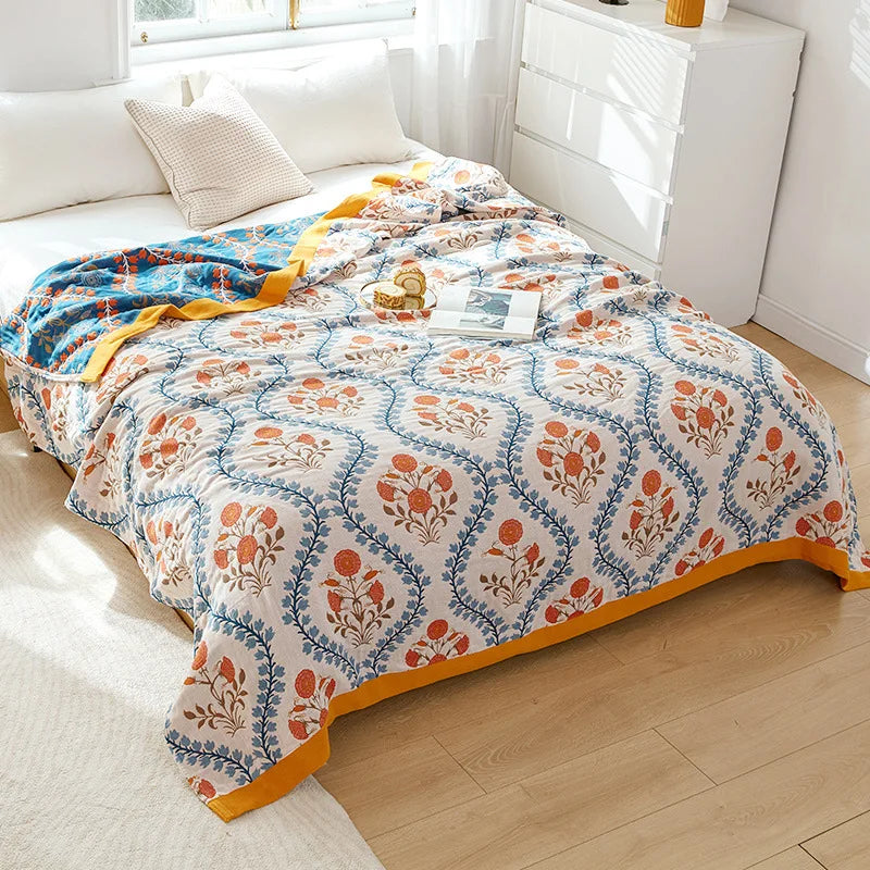Lightweight Cotton Gauze Blanket Floral King Size Breathable Summer Coverlet for Bed Sofa Throw All-Season | Lonoma